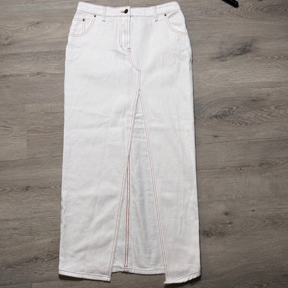 NWT Lioness Barbara Split Midi Skirt White Denim Contrast Stitch US 6 Medium